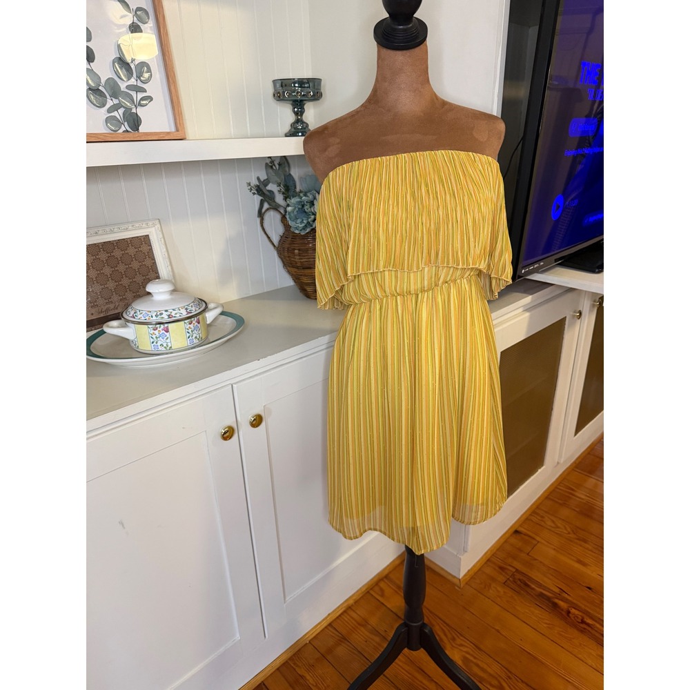 Everly Strapless Ruffle Mini Dress Yellow Striped Elastic Waist Tube Top Small